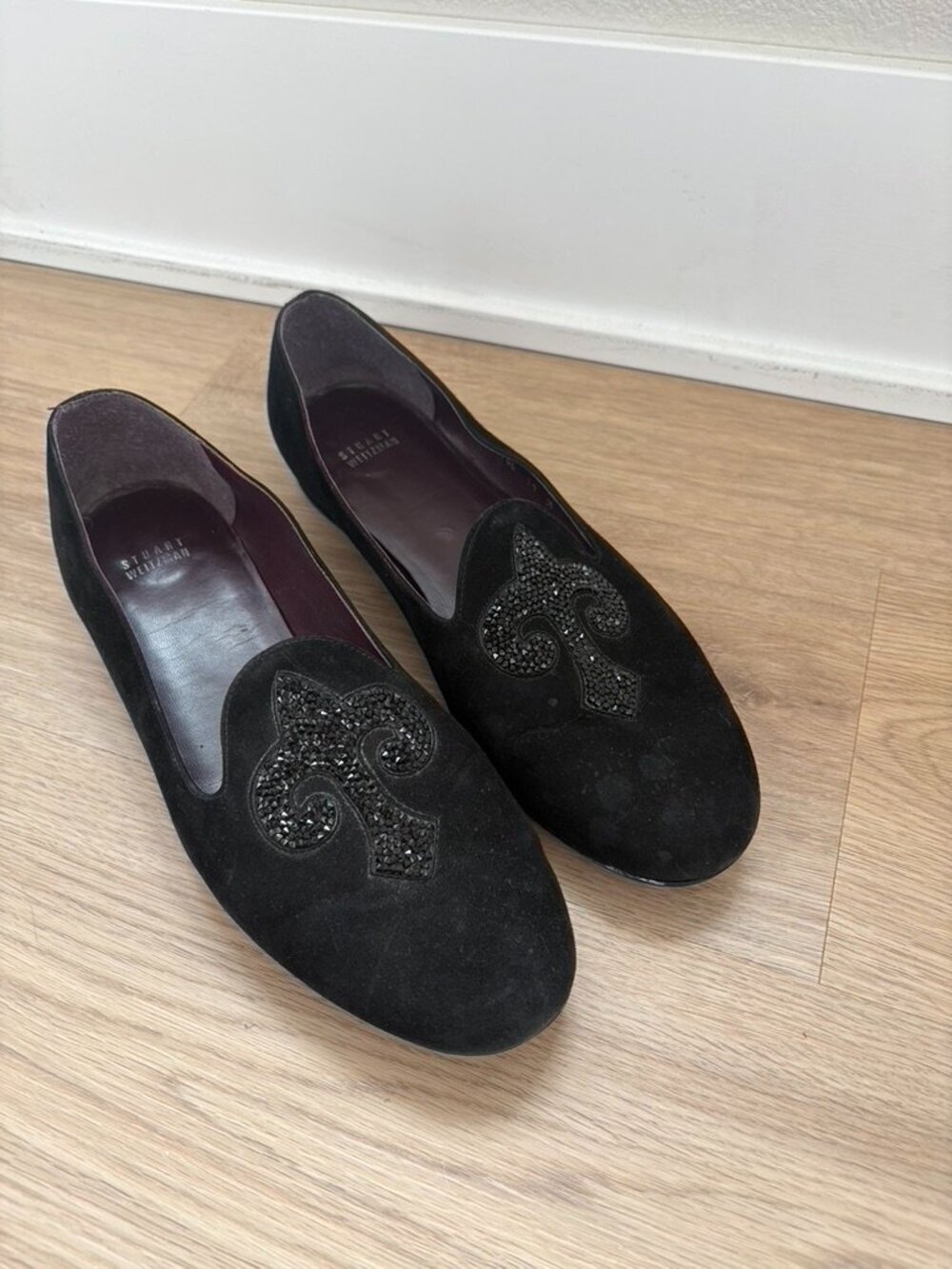 Stuart Weitzman Black Suede Cross Studded Loafers womens 11